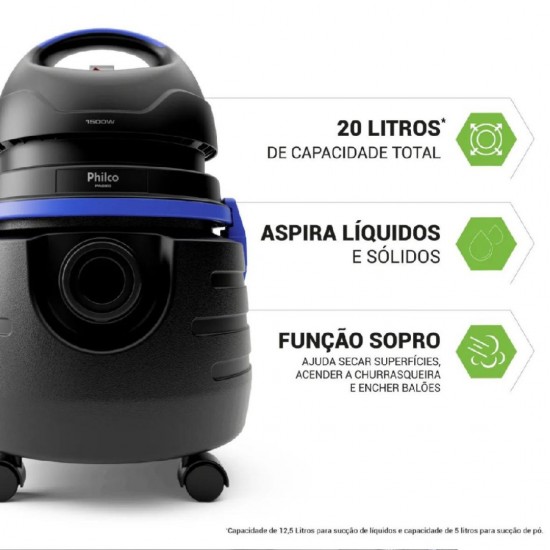 Aspirador de Pó e Água Philco PAS80 1500W - Preto/Azul