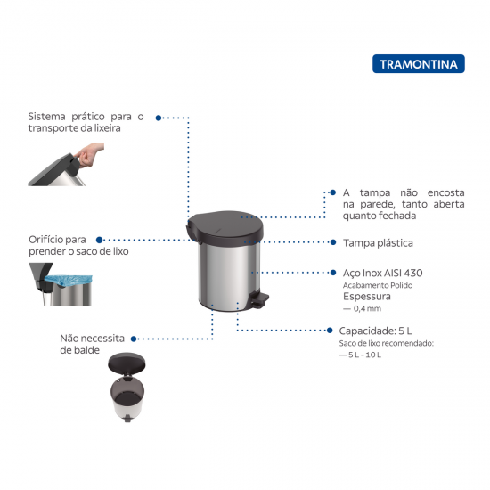 Lixeira com Pedal New Tramontina em aço inox com acabamento polido 5 L